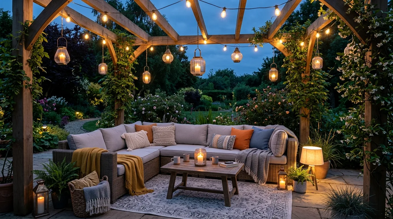 Use lighting to extend the space into evening inspiration for a backyard pergola space.